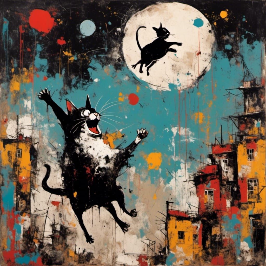 Cat Leaps Over Moon in Neo-Expressionist Style
