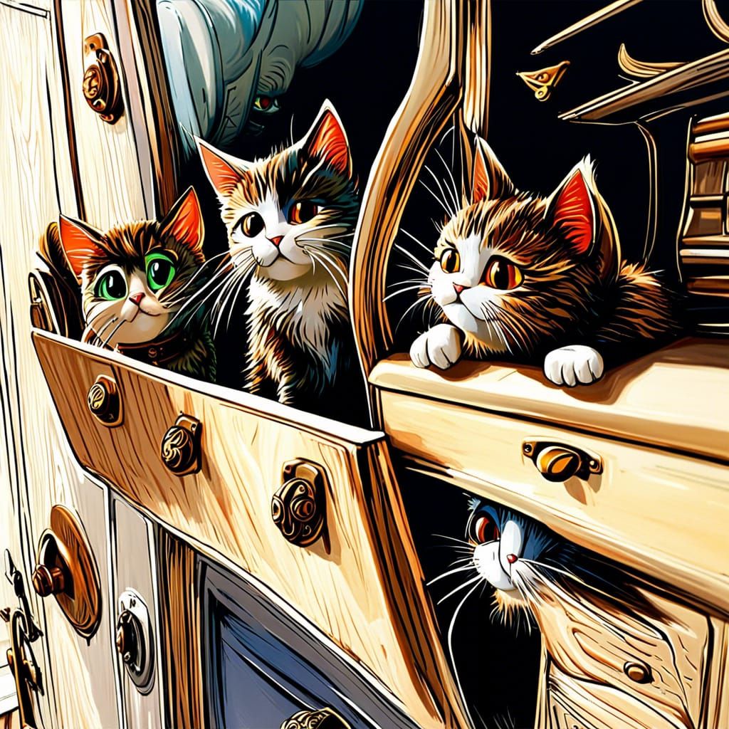 Cute Cats in Cupboard: Detailed 3D Digital Art