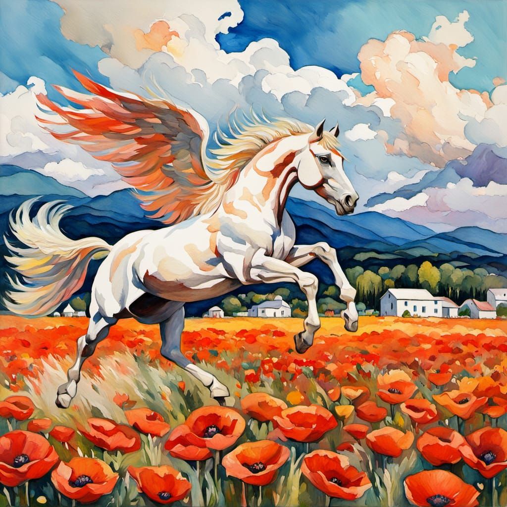 Epic Pegasus Over Poppy Fields in Impressive Gouache Art
