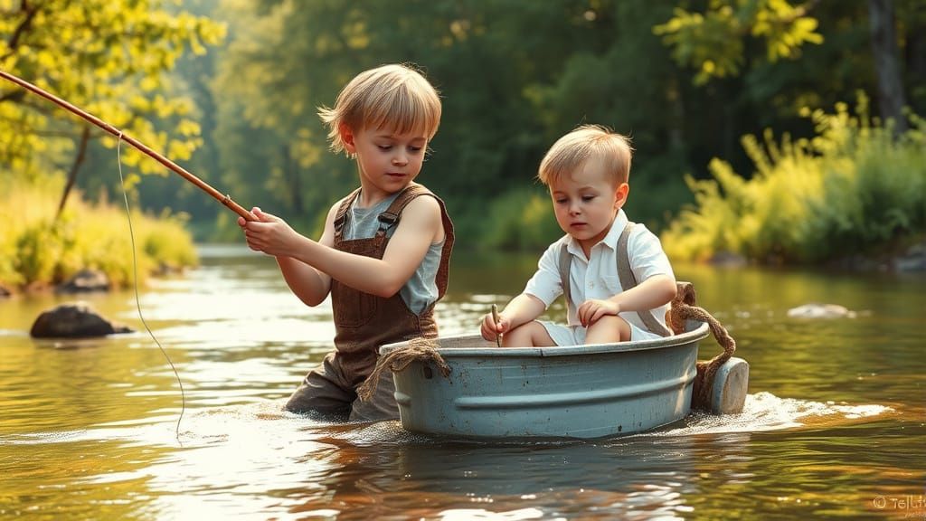 Boys Fishing in Stream, Watercolor Style