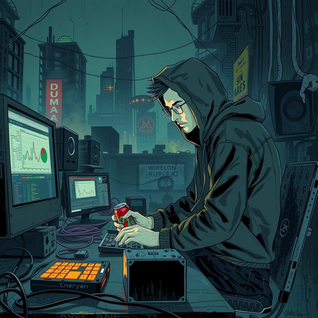 Cyberpunk Hacker in Gritty, High-Contrast Aesthetic