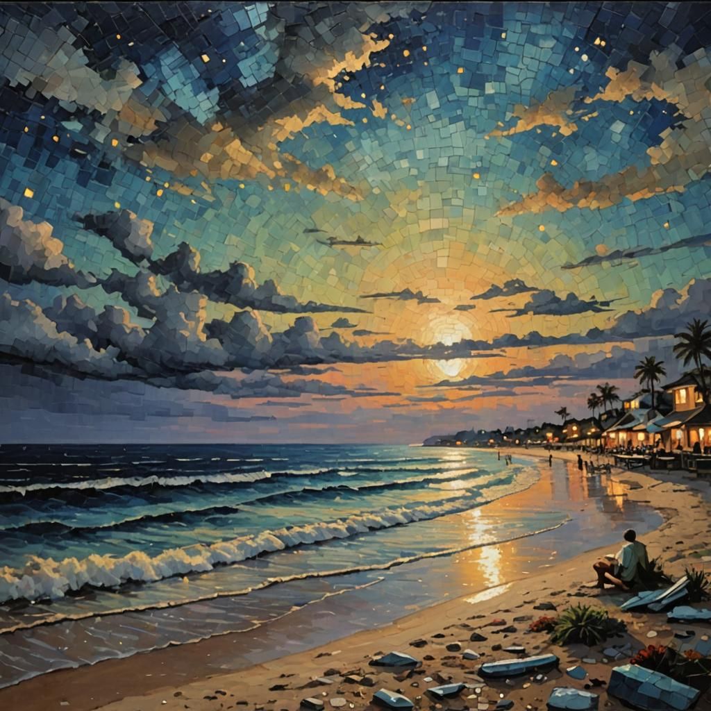 Beach Night Scene in Mosaic Oil Painting Style
