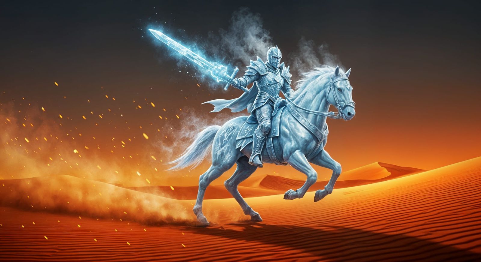 Icy Knight and Frost Steed in Fiery Desert