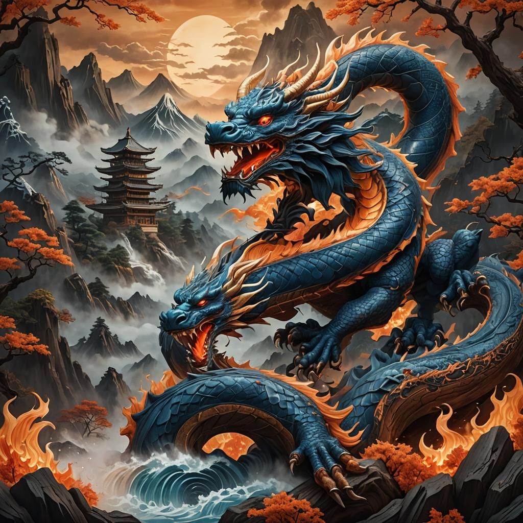 Detailed Dragon Wood Carving in Hokusai Style