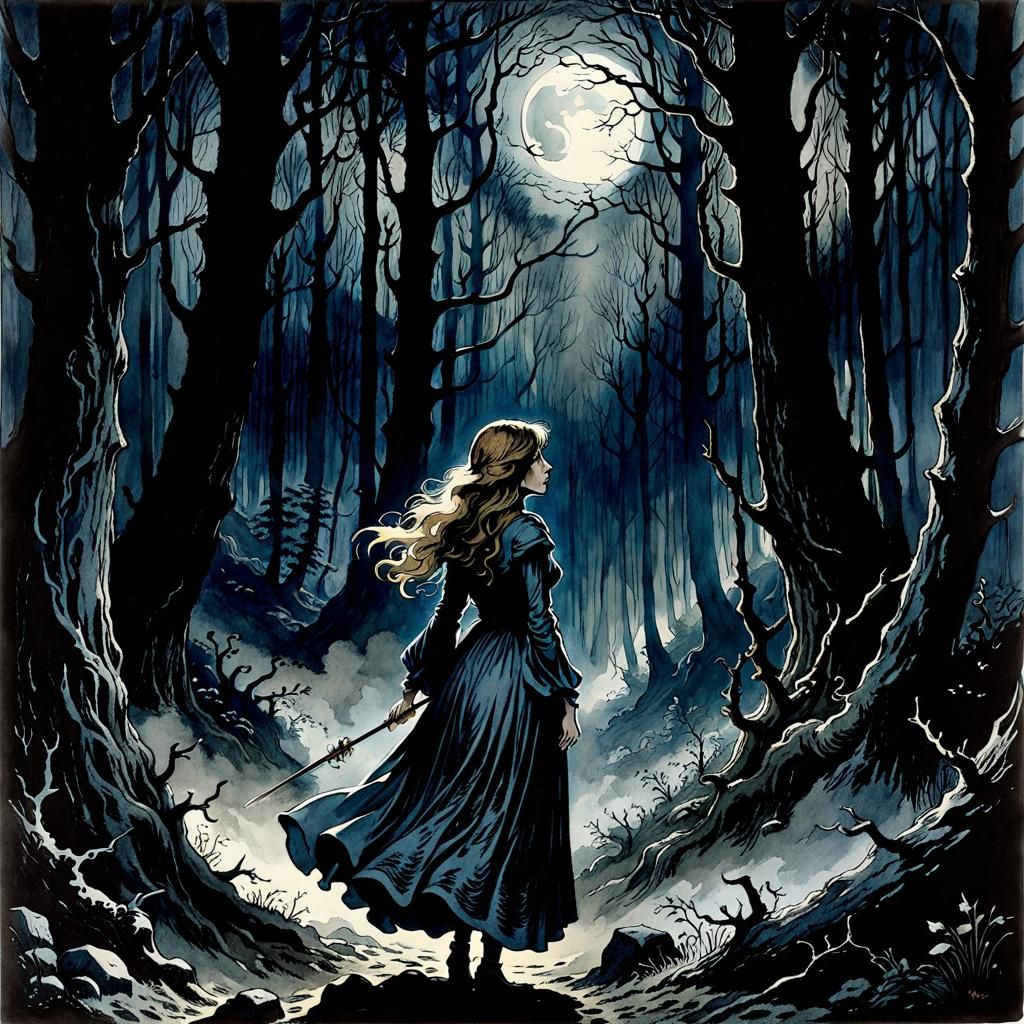 Woman in Dark Forest in Watercolor Style