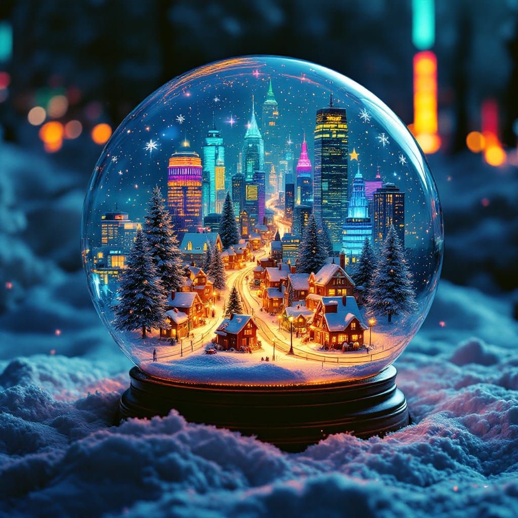 Double Exposure Snow Globe Hologram in Futuristic Winter Sce...