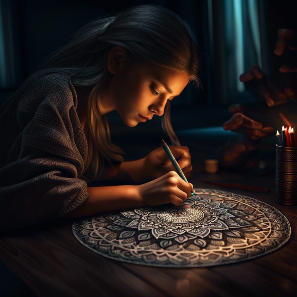 Girl Drawing Intricate Mandala in Hyperrealistic Style