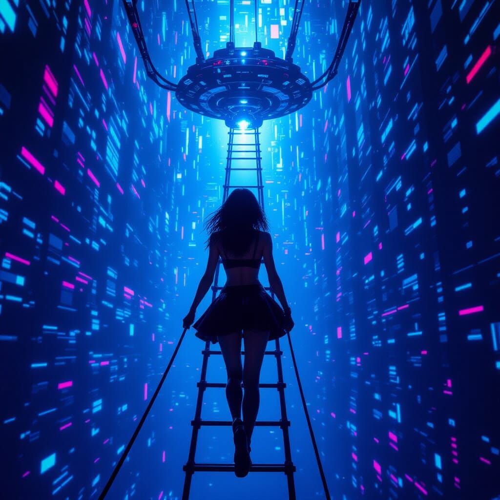 Woman Ascends Digital Abyss in Cyberpunk Concept Art