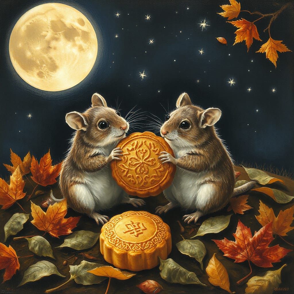 Elderly Mice Share Mooncake Under Harvest Moon