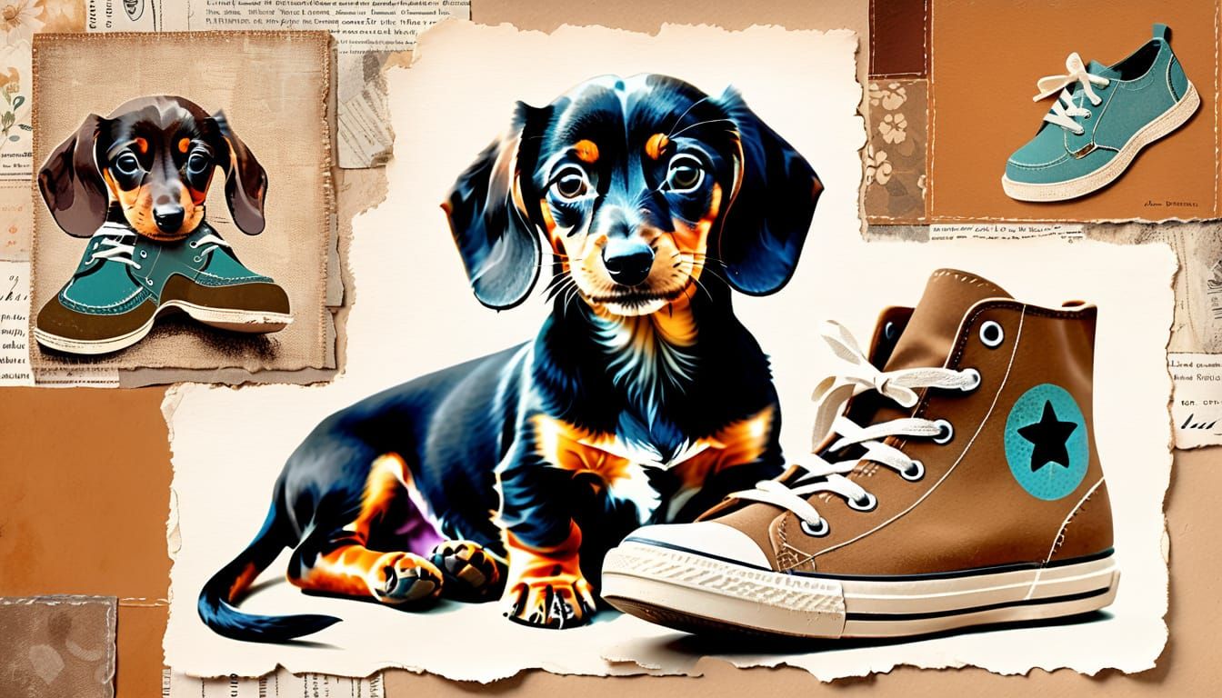 Whimsical Dachshund Puppy Collage in Earthy Tones