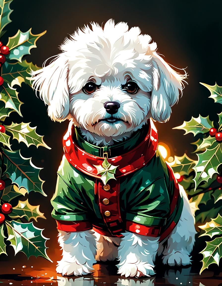 Adorable Christmas Bichon Frise in Vibrant Holiday Outfit