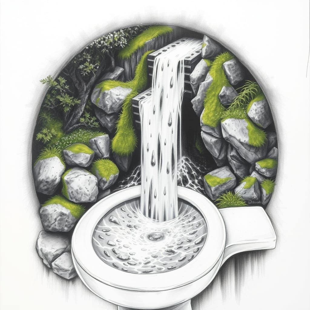 Surreal Waterfall Cascades into a Toilet Bowl