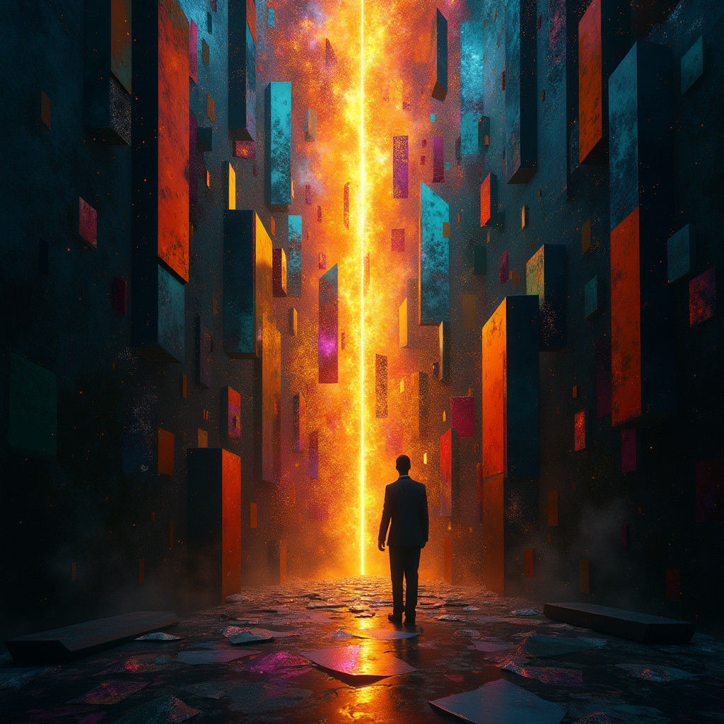 Radiant Light Shatters Darkness in Cubist Art Deco Style