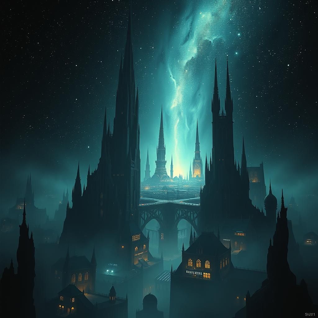 Dark Cityscape in Space, Matte Painting Style