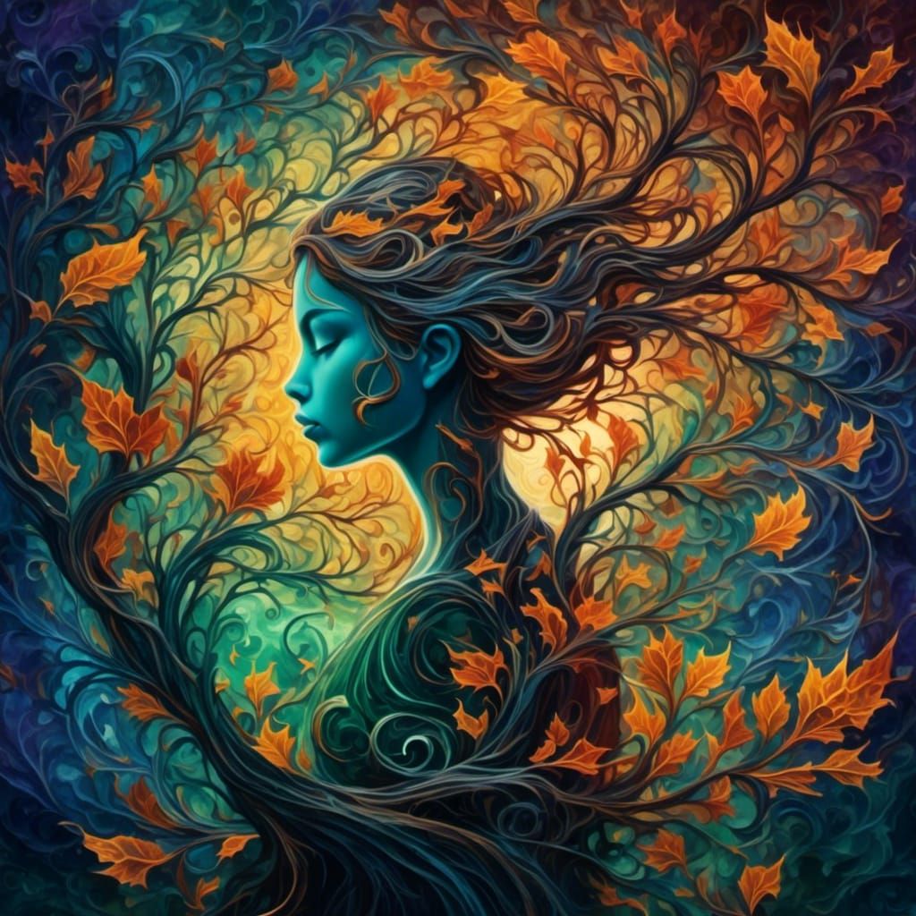Woman and Tree in Autumn Cosmos, Fractal Art