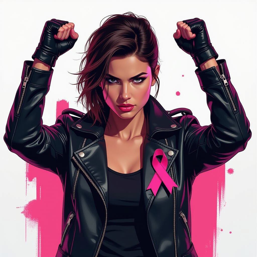 Determined Figure with Pink Ribbon in Noir Style
