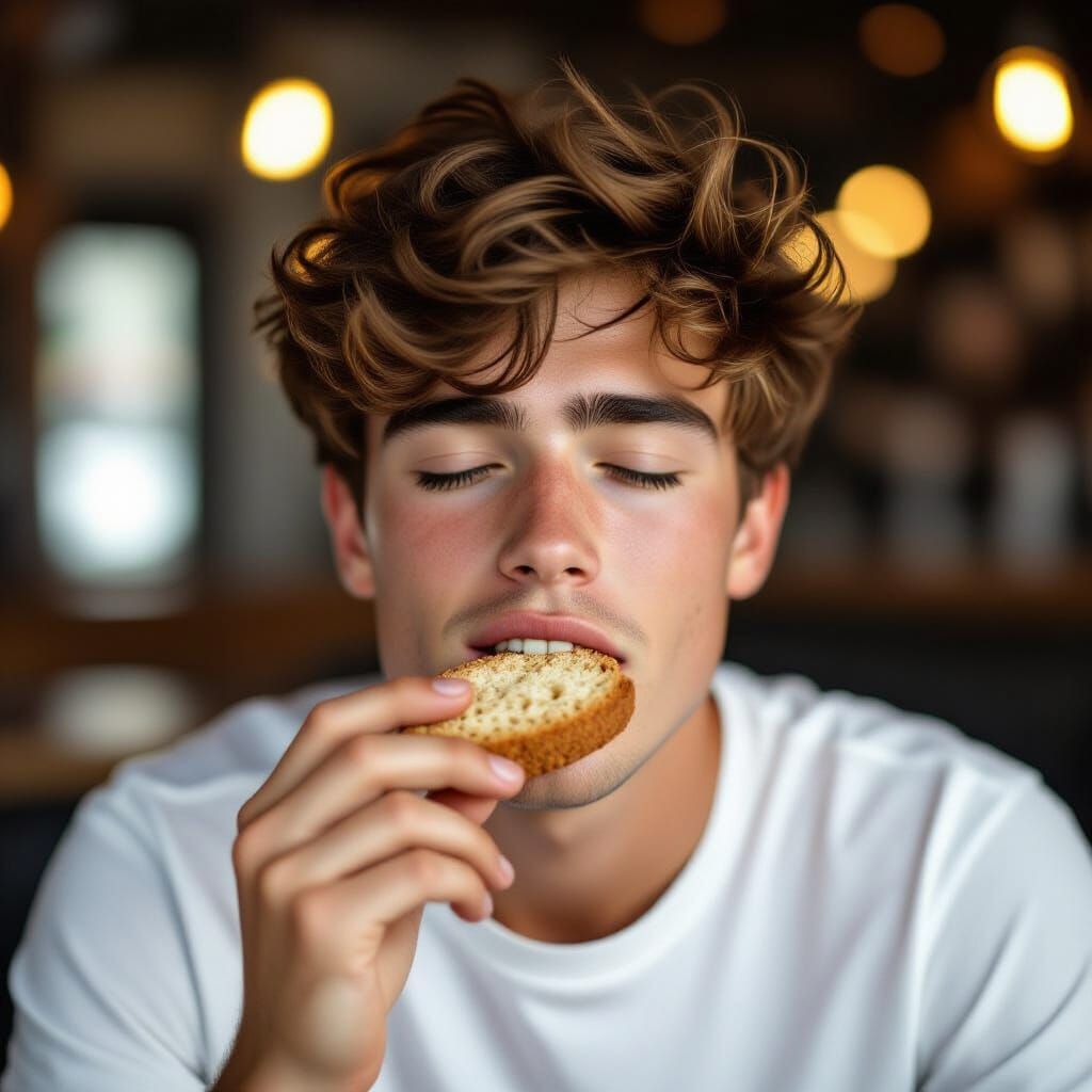 Man Enjoying Biscotti with Eyes Closed
