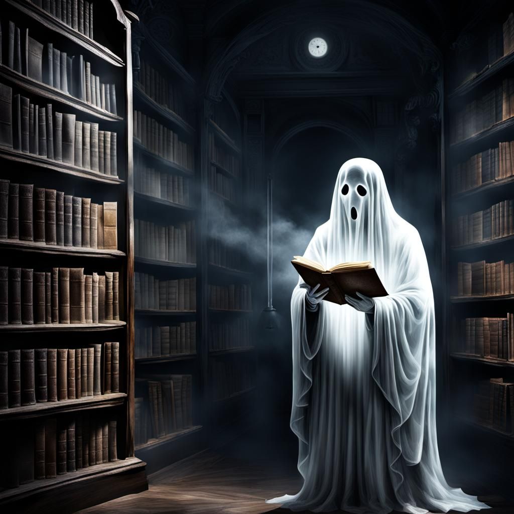 Haunted Library with Ghosts Reading Books