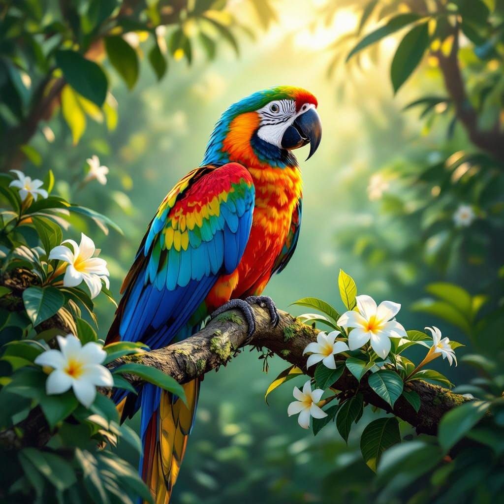 A vibrant macaw perches gracefully on a tree branch.