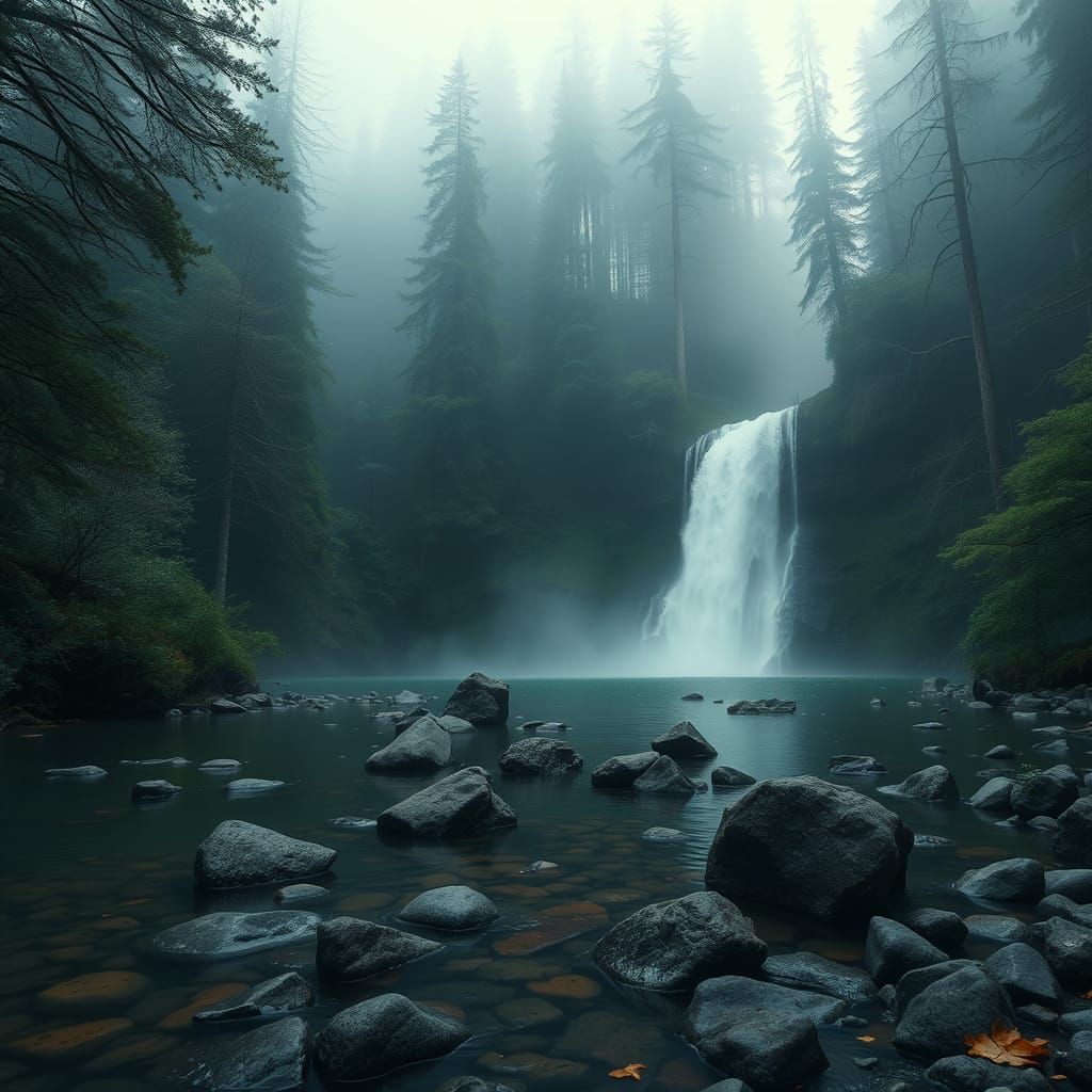 Mystical Misty Forest Waterfall in Sharp Focus