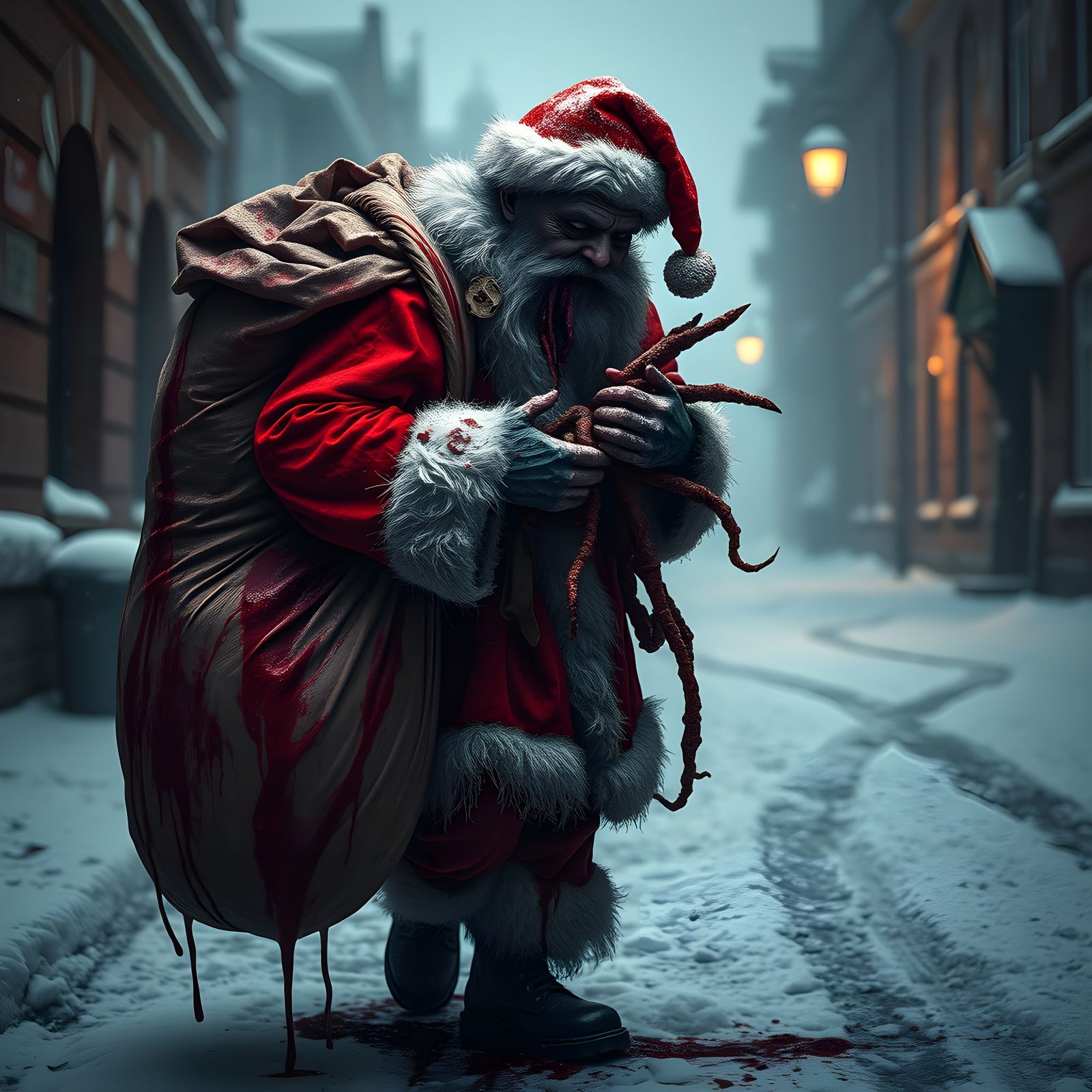 Zombie Santa Claus Walking in Winter Landscape