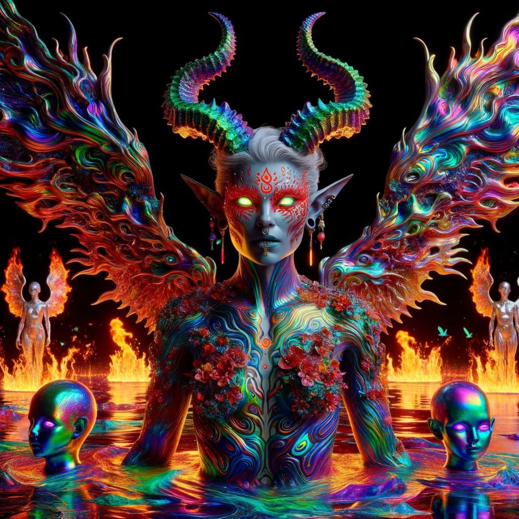 Tiefling Goddess and Angelic Demon in Ethereal Garden