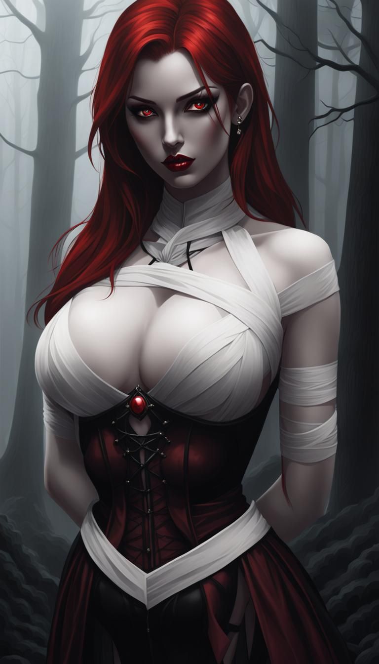 Redhead Vampire in Dark Foggy Forest, Dark Fantasy Art