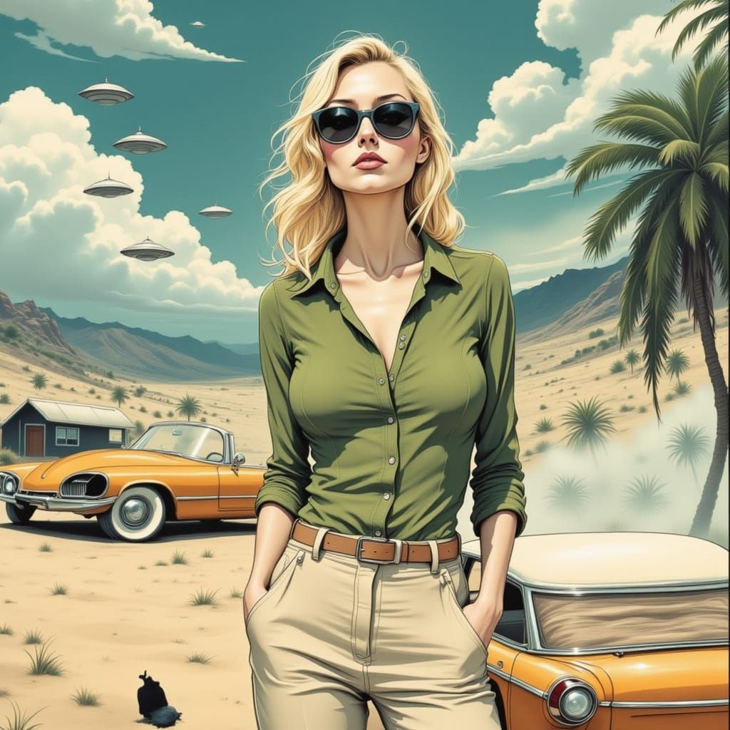 Mid-Century Retro-Futurism Woman in Desert Landscape