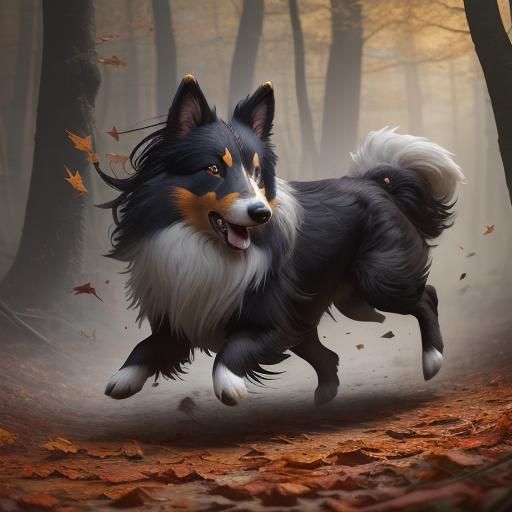 Shetland Sheepdog Running Through Autumn Leaves