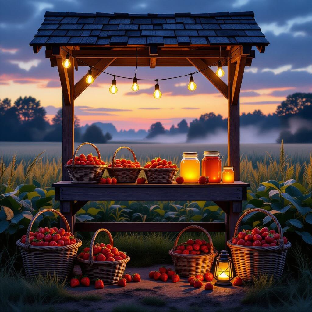 Rustic Farmstand at Twilight in Photorealistic Style