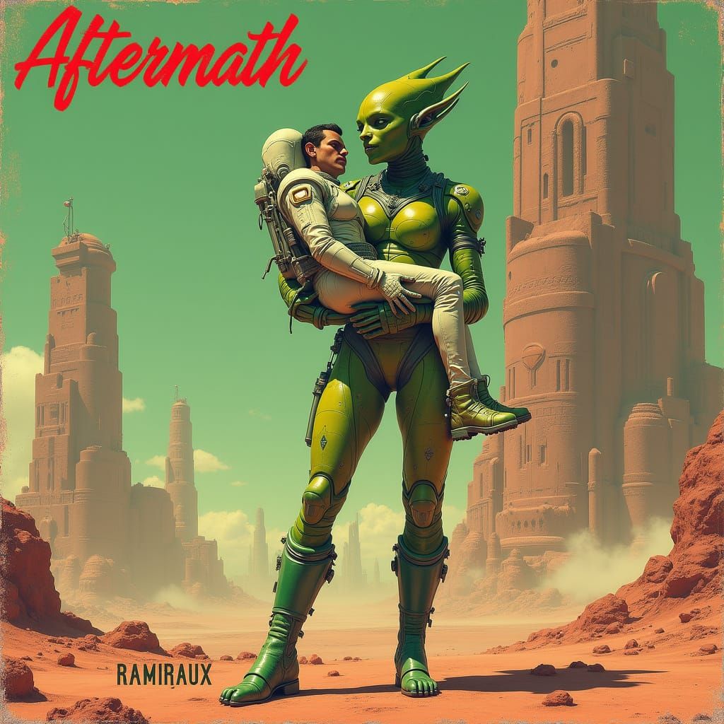 Vintage Sci-Fi Poster: Powerful Green Alien Cradles Weary Ma...