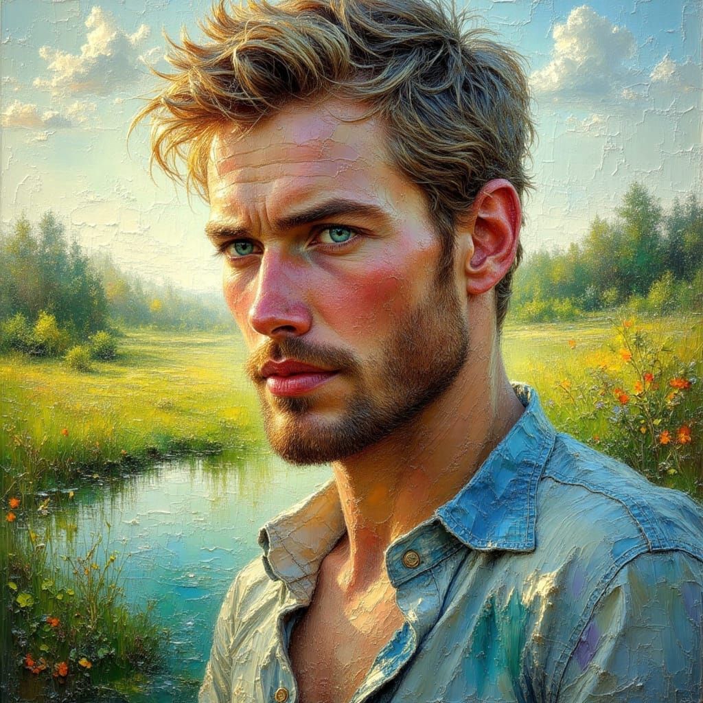Handsome Farmer in Illuminated Landscape: Impasto Oil Painti...
