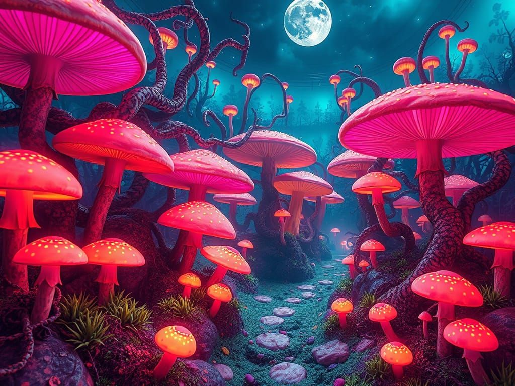 Vibrant Surreal Garden with Glowing Mushrooms and Twisted Vi...