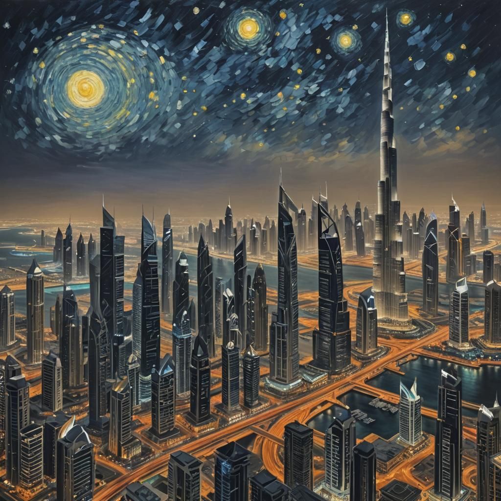 Dubai Skyline in a Starry Night Style