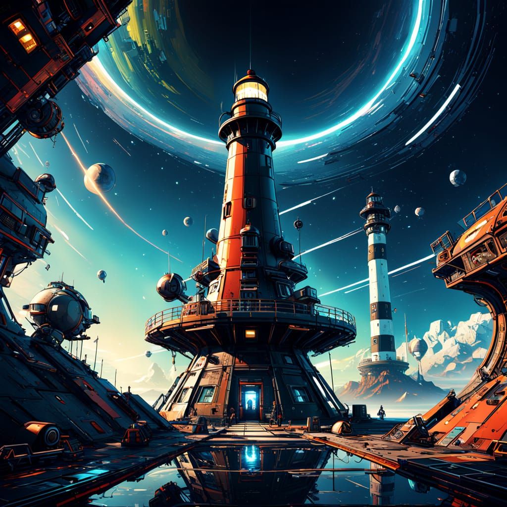 Atompunk Lighthouse in Space Station: Pop Art Style