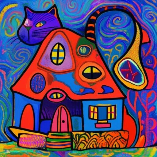 Whimsical Cat-Shaped House in Abstract Style