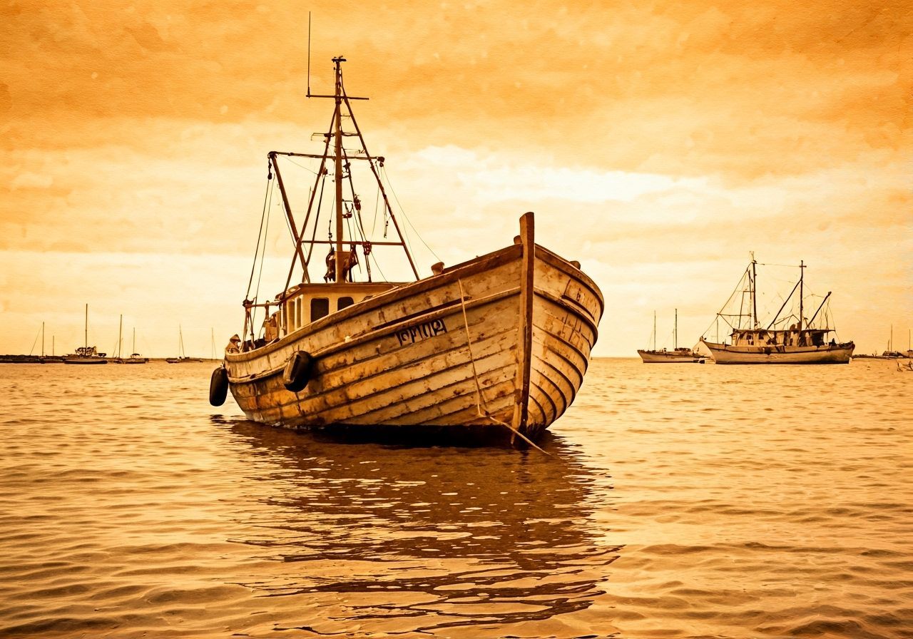 Vintage Watercolor Collage of Old Fishing Boats