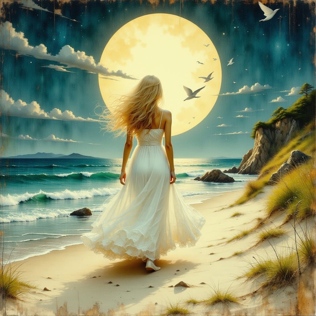 Ethereal Woman Walks on Moonlit Beach