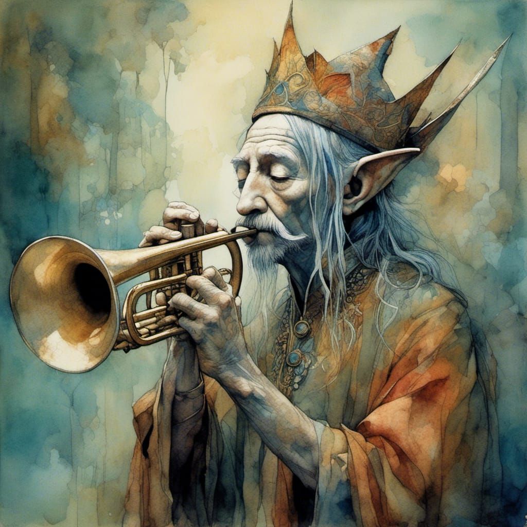 Elven Hunter with Horn in Watercolour Style