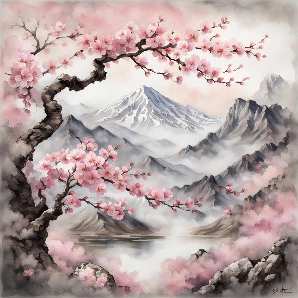 Aquarelle d'un cerisier en fleurs