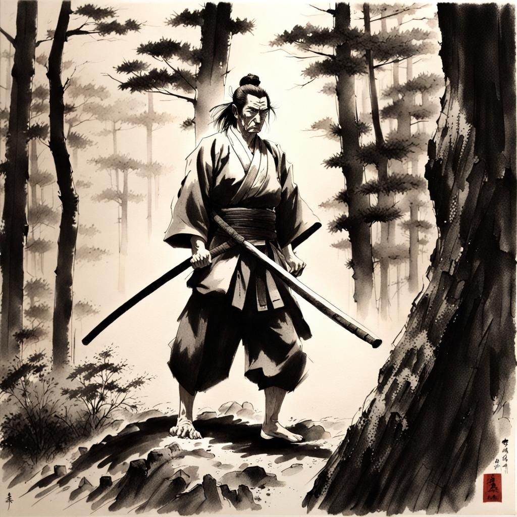 Miyamoto Musashi in Forest, Ink Drawing Style
