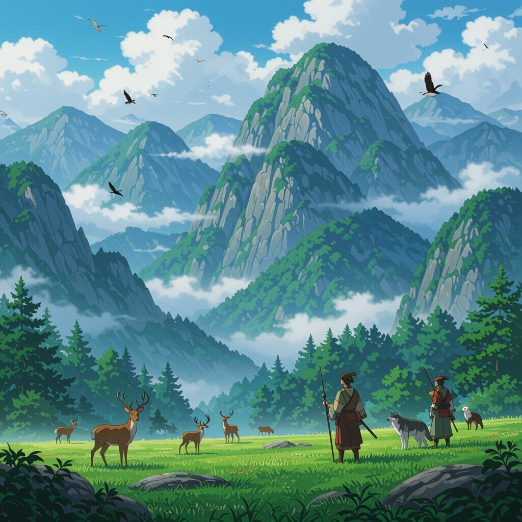 Anime Landscape with Mountains, Animals, and Hunters