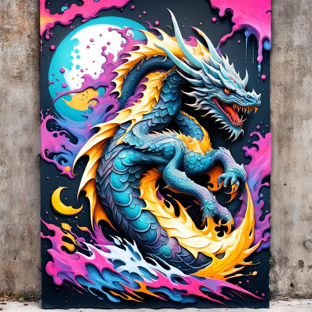 Polychromatic Moon Dragon in Graffiti Art Style