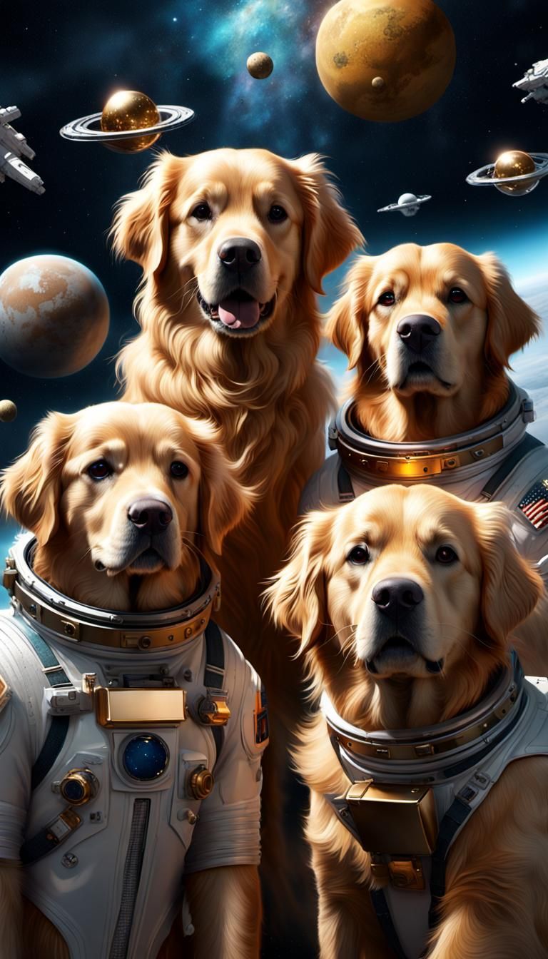 Golden Retrievers Explore Deep Space: Detailed Matte Paintin...