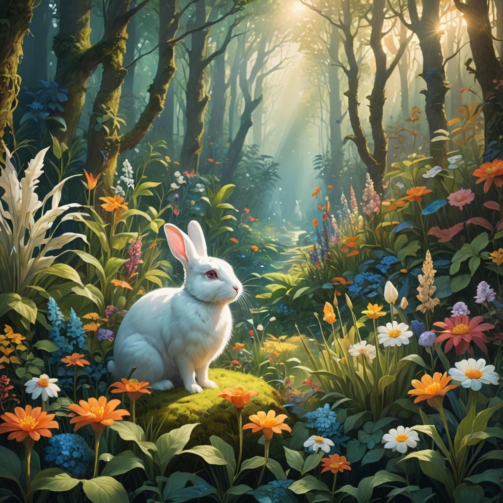 White Rabbit in Dreamlike Botanical Art Nouveau Forest