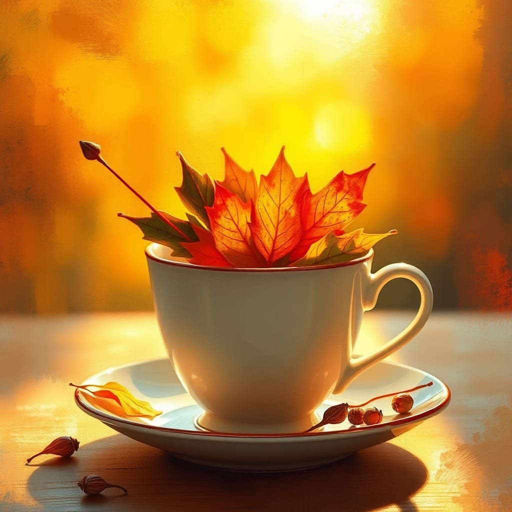 Autumn Teacup Still-Life with Impressionist Style