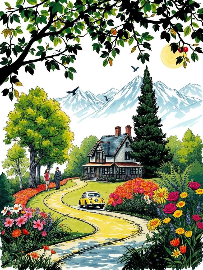 Whimsical Cottage Landscape in Vibrant Post-Impressionist St...