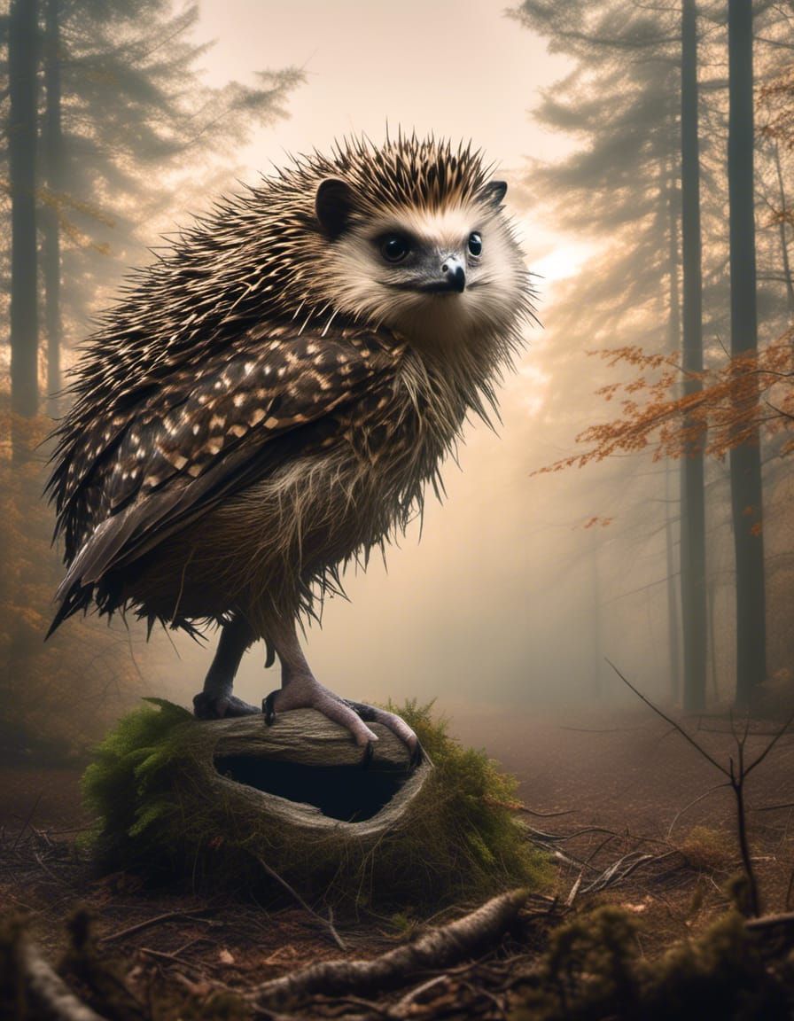 Hedgehog and Owl in Forest: Double Exposure Photoillustratio...