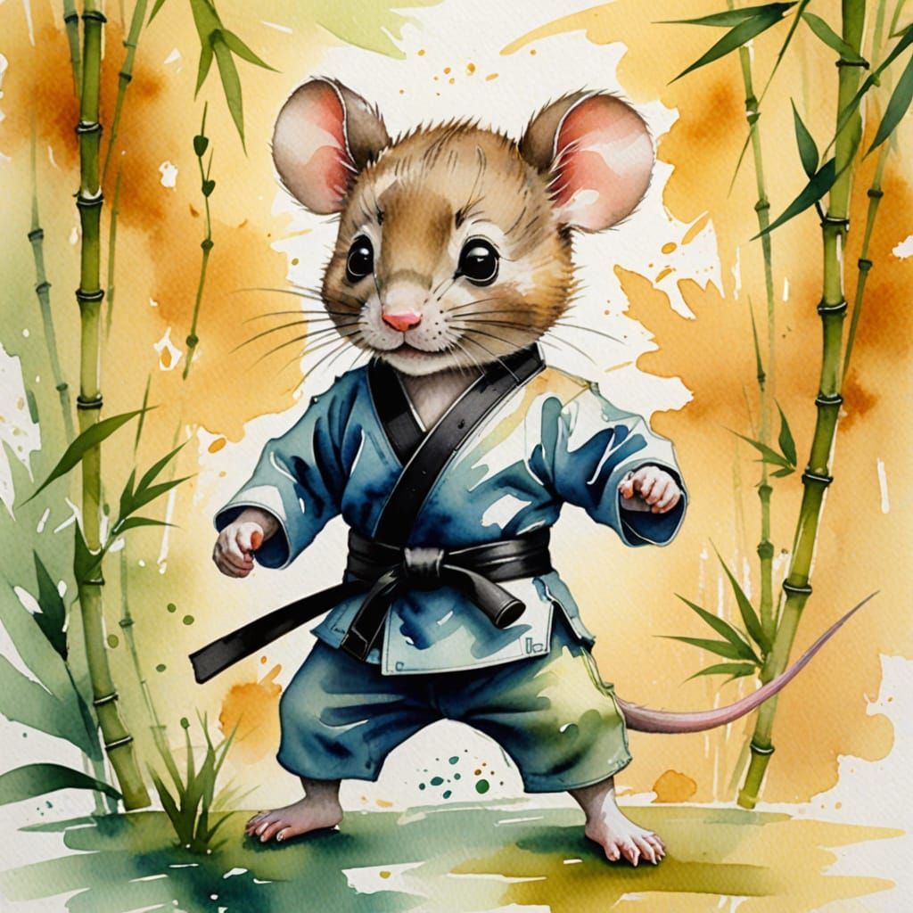 Karate Mouse in Bamboo, Watercolor Painting