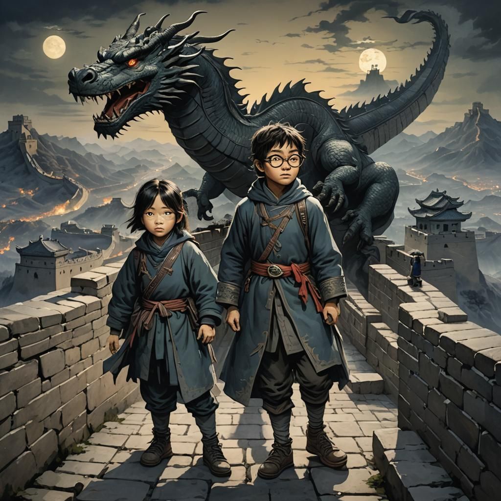 Children, Dragon, and Great Wall in Horror Style